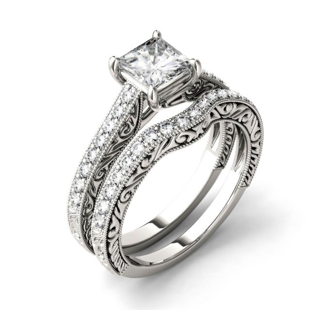 1.51 CTW DEW Square Forever One Moissanite Solitaire with Carved Detail Bridal Set Ring in 14K White Gold