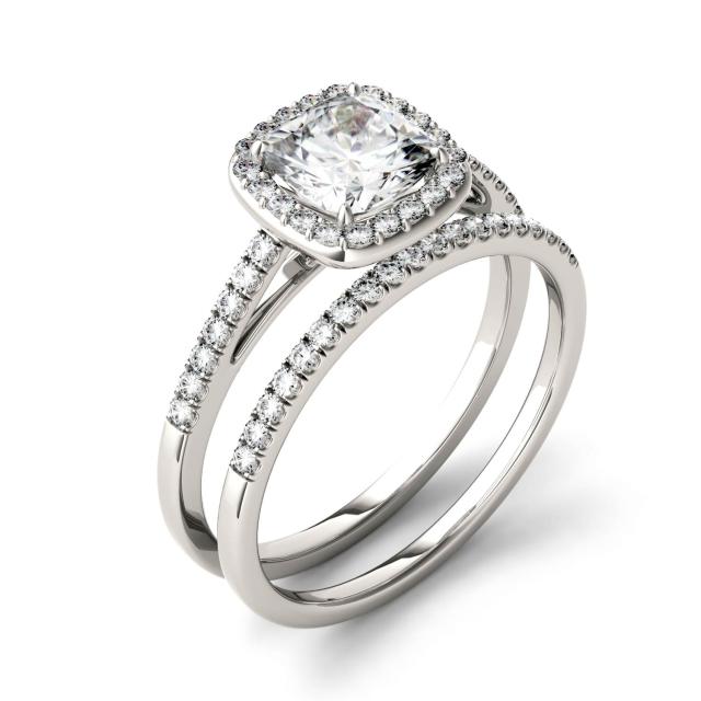 1.46 CTW DEW Cushion Forever One Moissanite Halo with Side Stone Bridal Set Ring in 14K White Gold