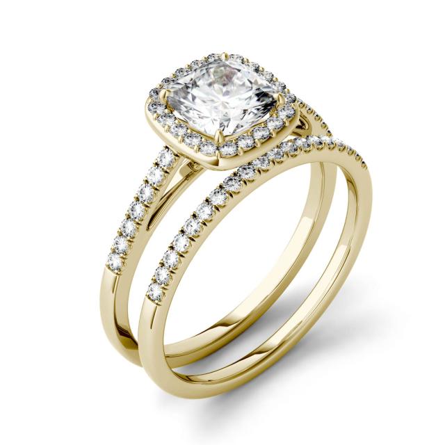 1.46 CTW DEW Cushion Forever One Moissanite Halo with Side Stone Bridal Set Ring in 14K Yellow Gold