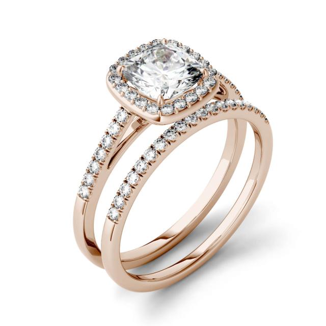 1.46 CTW DEW Cushion Forever One Moissanite Halo with Side Stone Bridal Set Ring in 14K Rose Gold