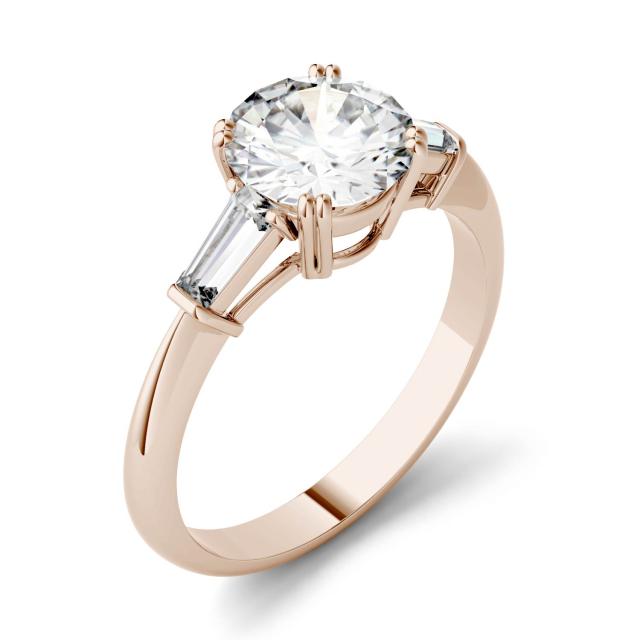 1.97 CTW DEW Round Forever One Moissanite Three Stone Engagement Ring in 14K Rose Gold