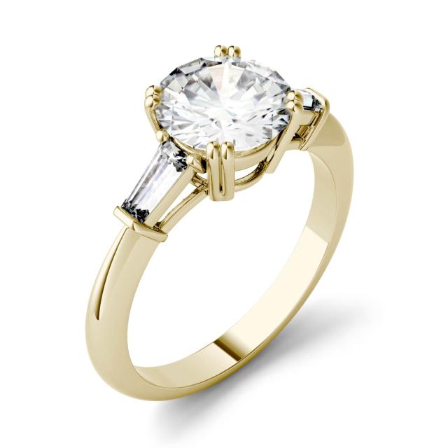 2.29 CTW DEW Round Forever One Moissanite Three Stone Engagement Ring in 14K Yellow Gold