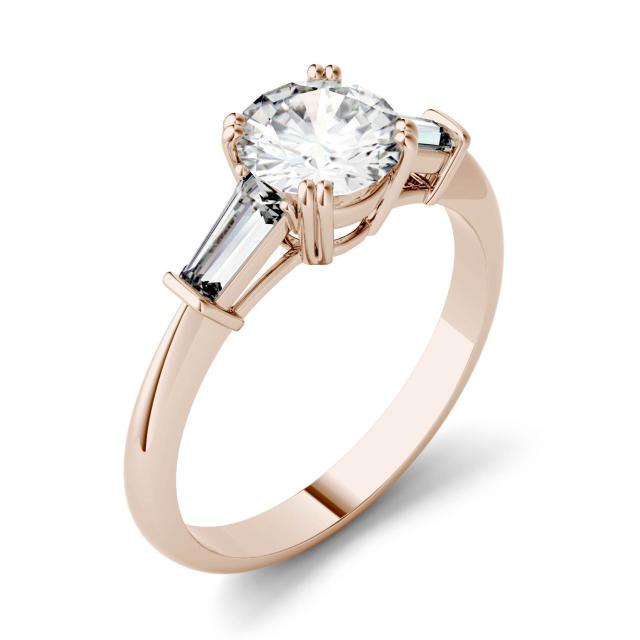 1.41 CTW DEW Round Forever One Moissanite Step Cut Baguette Side Accent Three Stone Engagement Ring in 14K Rose Gold