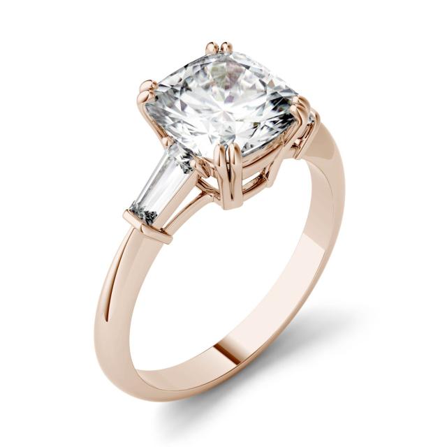 2.77 CTW DEW Cushion Forever One Moissanite Three Stone Engagement Ring in 14K Rose Gold