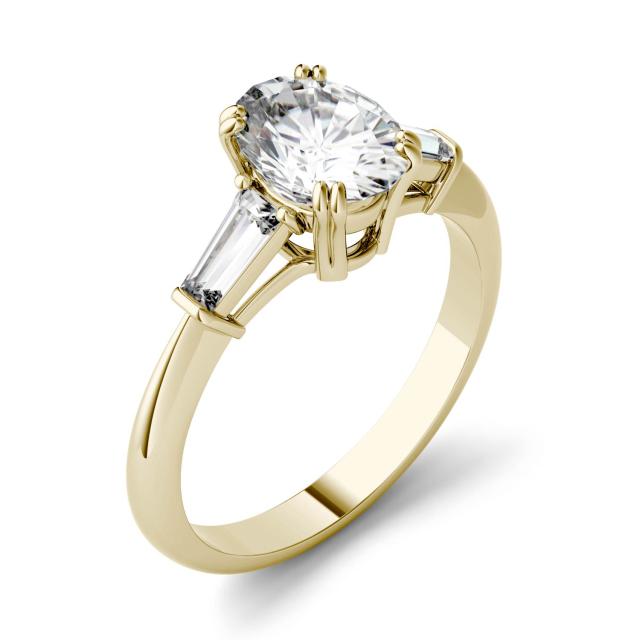 1.87 CTW DEW Oval Forever One Moissanite Three Stone Engagement Ring in 14K Yellow Gold