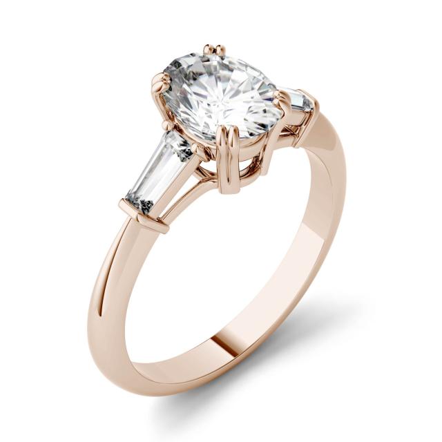 1.87 CTW DEW Oval Forever One Moissanite Three Stone Engagement Ring in 14K Rose Gold