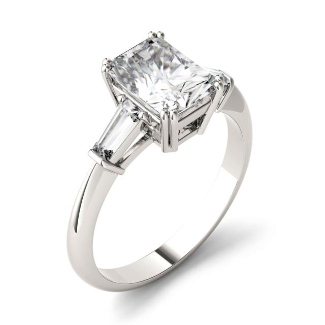 2.17 CTW DEW Radiant Forever One Moissanite Three Stone Engagement Ring in Platinum