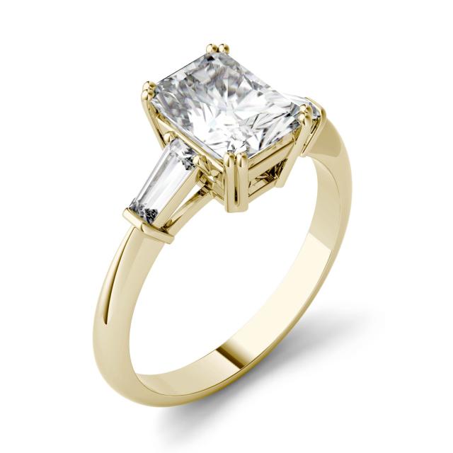 2.17 CTW DEW Radiant Forever One Moissanite Three Stone Engagement Ring in 14K Yellow Gold