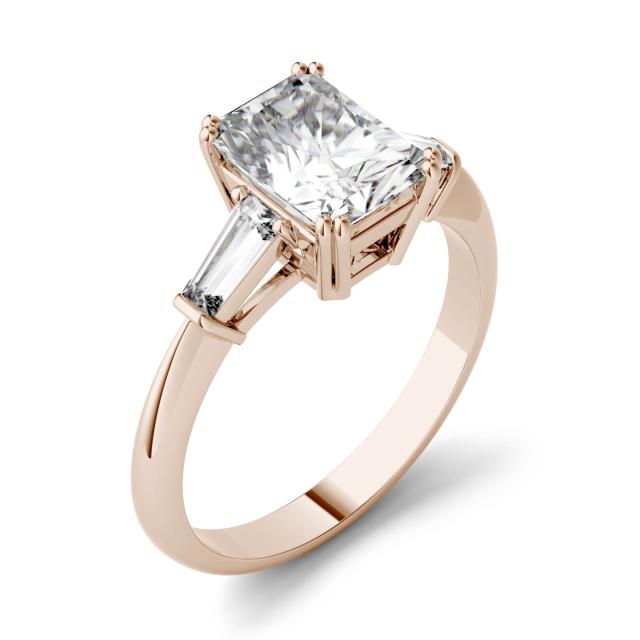 2.17 CTW DEW Radiant Forever One Moissanite Three Stone Engagement Ring in 14K Rose Gold