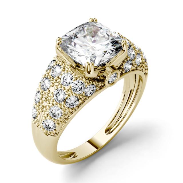 3.30 CTW DEW Cushion Forever One Moissanite Milgrain Solitaire with Side Accents Fashion Ring in 14K Yellow Gold