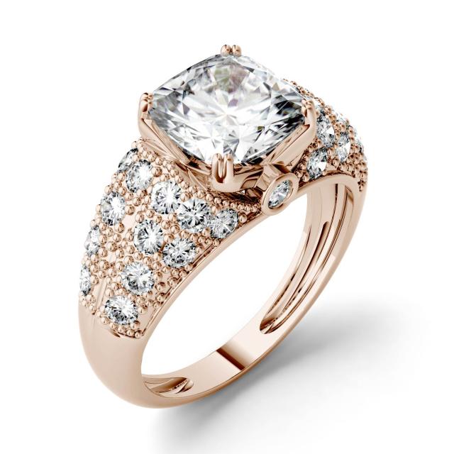 3.30 CTW DEW Cushion Forever One Moissanite Milgrain Solitaire with Side Accents Fashion Ring in 14K Rose Gold