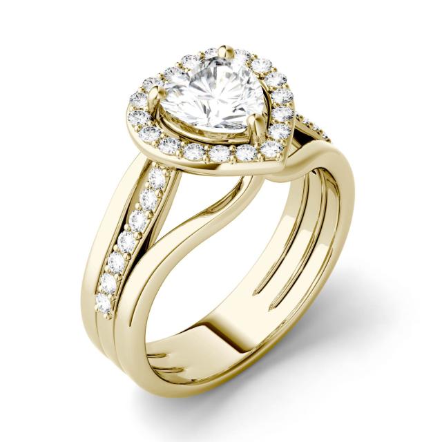 1.21 CTW DEW Heart Forever One Moissanite Split Shank Halo with Side Accents Engagement Ring in 14K Yellow Gold