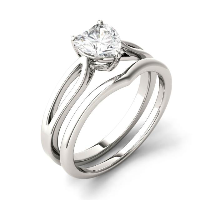0.80 CTW DEW Heart Forever One Moissanite Split Shank Solitaire Bridal Set Ring in 14K White Gold
