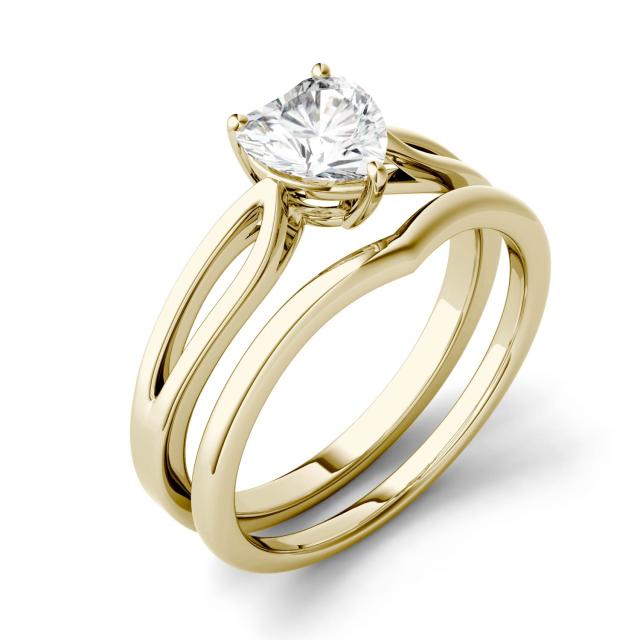0.80 CTW DEW Heart Forever One Moissanite Split Shank Solitaire Bridal Set Ring in 14K Yellow Gold