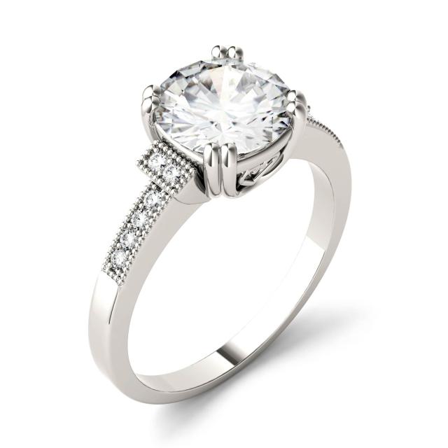 1.96 CTW DEW Round Forever One Moissanite Milgrain Solitaire with Side Accents Ring in 14K White Gold