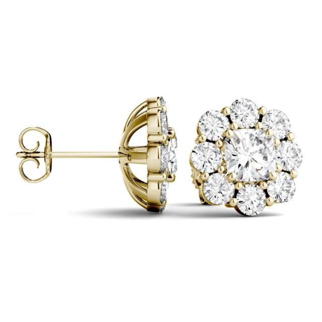 3.20 CTW DEW Cushion Forever One Moissanite Floral Stud Earrings in 14K Yellow Gold
