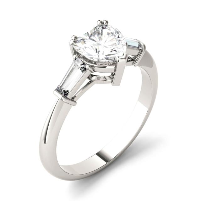 1.37 CTW DEW Heart Forever One Moissanite Step Cut Baguette Side Accent Three Stone Engagement Ring in 14K White Gold