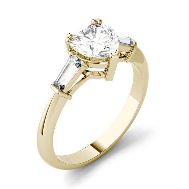 1.37 CTW DEW Heart Forever One Moissanite Step Cut Baguette Side Accent Three Stone Engagement Ring in 14K Yellow Gold