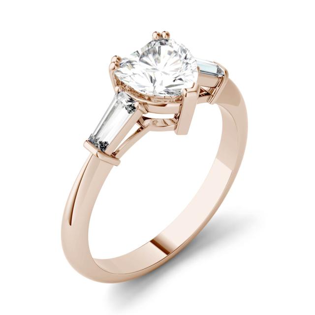 1.37 CTW DEW Heart Forever One Moissanite Step Cut Baguette Side Accent Three Stone Engagement Ring in 14K Rose Gold