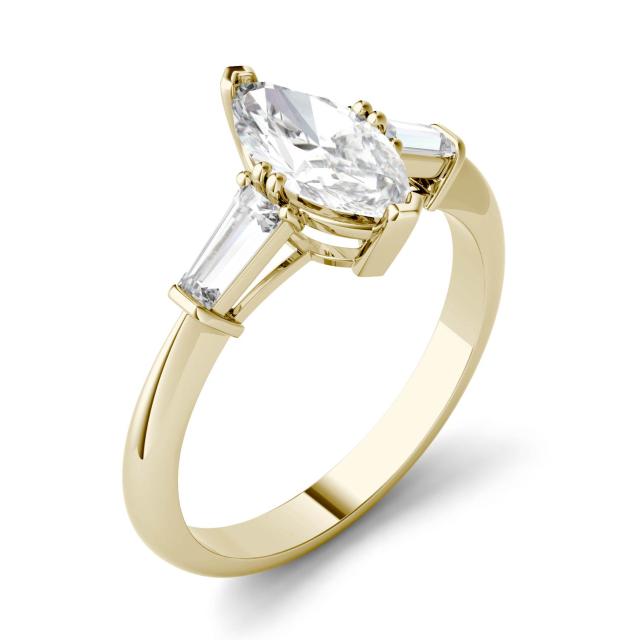 1.37 CTW DEW Marquise Forever One Moissanite Step Cut Baguette Side Accent Three Stone Engagement Ring in 14K Yellow Gold