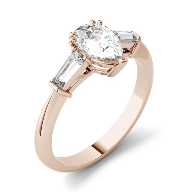 1.31 CTW DEW Pear Forever One Moissanite Three Stone Engagement Ring in 14K Rose Gold