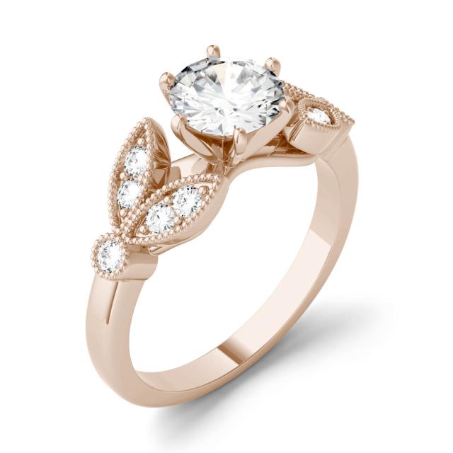 1.20 CTW DEW Round Forever One Moissanite Leaf & Milgrain Accented Six Prong Solitaire Ring in 14K Rose Gold