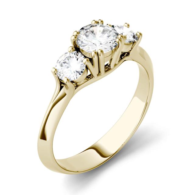 1.06 CTW DEW Round Forever One Moissanite Three Stone Engagement Ring in 14K Yellow Gold