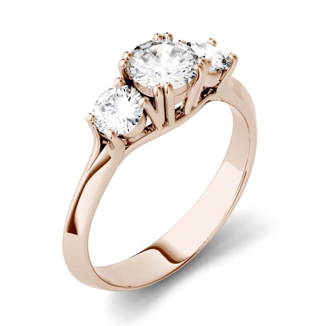 1.06 CTW DEW Round Forever One Moissanite Three Stone Engagement Ring in 14K Rose Gold