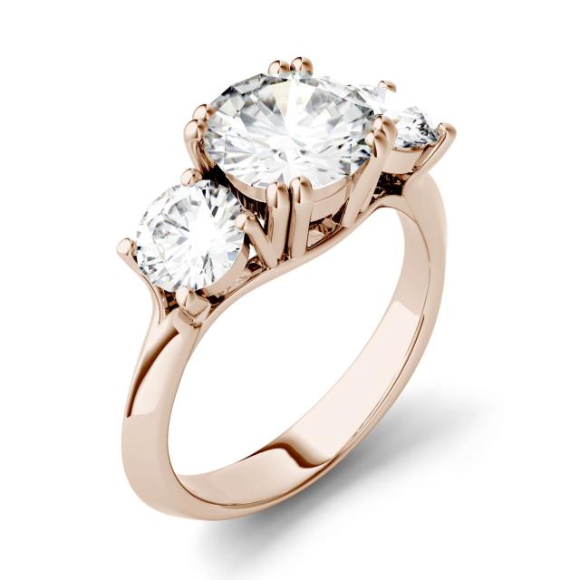 3.10 CTW DEW Round Forever One Moissanite Three Stone Engagement Ring in 14K Rose Gold