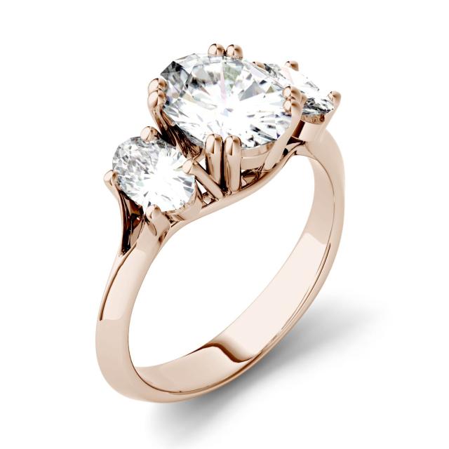 3.10 CTW DEW Oval Forever One Moissanite Three Stone Engagement Ring in 14K Rose Gold