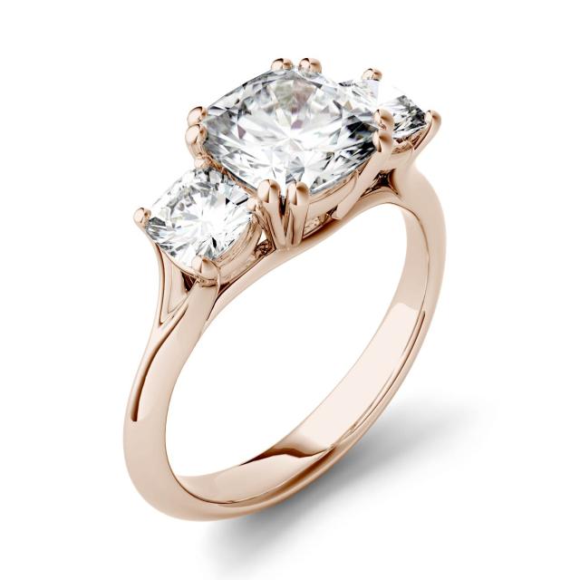 3.00 CTW DEW Cushion Forever One Moissanite Three Stone Engagement Ring in 14K Rose Gold