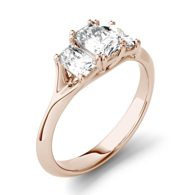 1.36 CTW DEW Radiant Forever One Moissanite Three Stone Engagement Ring in 14K Rose Gold