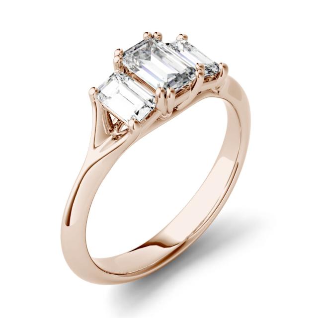 1.12 CTW DEW Emerald Forever One Moissanite Three Stone Engagement Ring in 14K Rose Gold