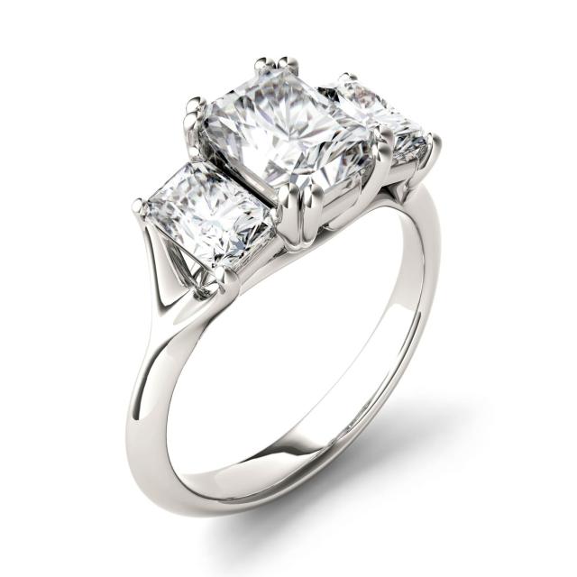 3.20 CTW DEW Radiant Forever One Moissanite Three Stone Engagement Ring in 14K White Gold