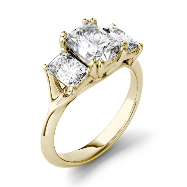 3.20 CTW DEW Radiant Forever One Moissanite Three Stone Engagement Ring in 14K Yellow Gold