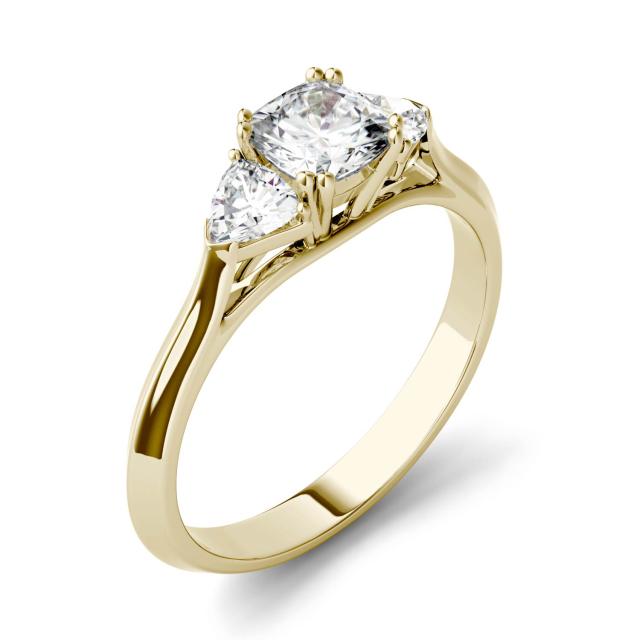 1.00 CTW DEW Cushion Forever One Moissanite Three Stone Engagement Ring in 14K Yellow Gold
