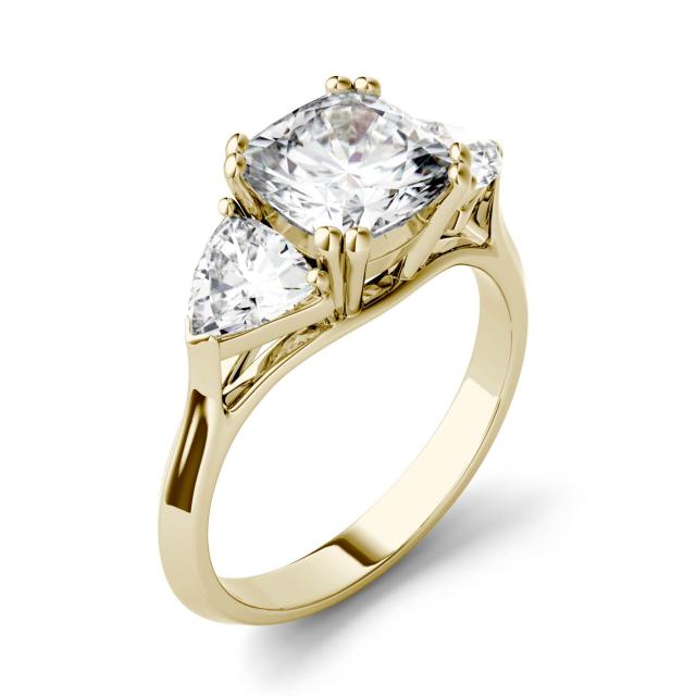 3.00 CTW DEW Cushion Forever One Moissanite Three Stone Engagement Ring in 14K Yellow Gold