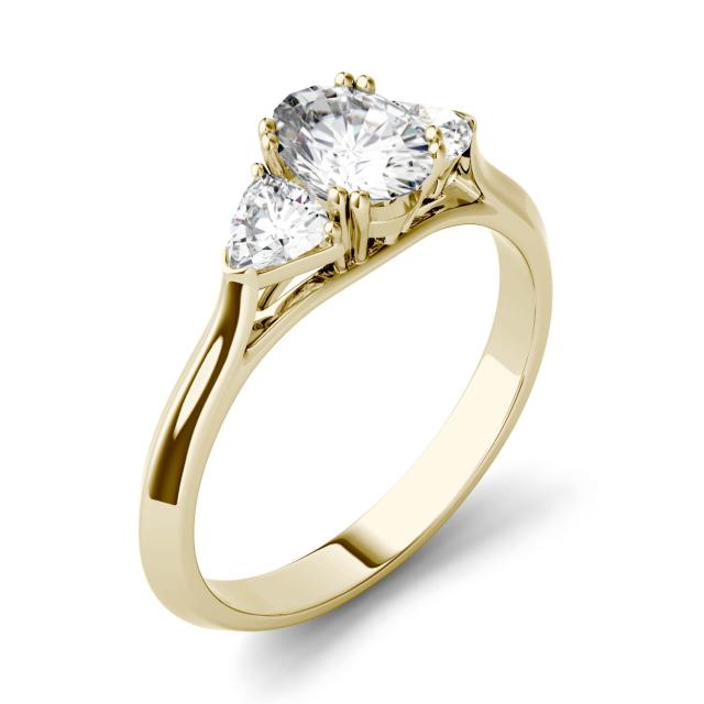 0.90 CTW DEW Oval Forever One Moissanite Three Stone Engagement Ring in 14K Yellow Gold