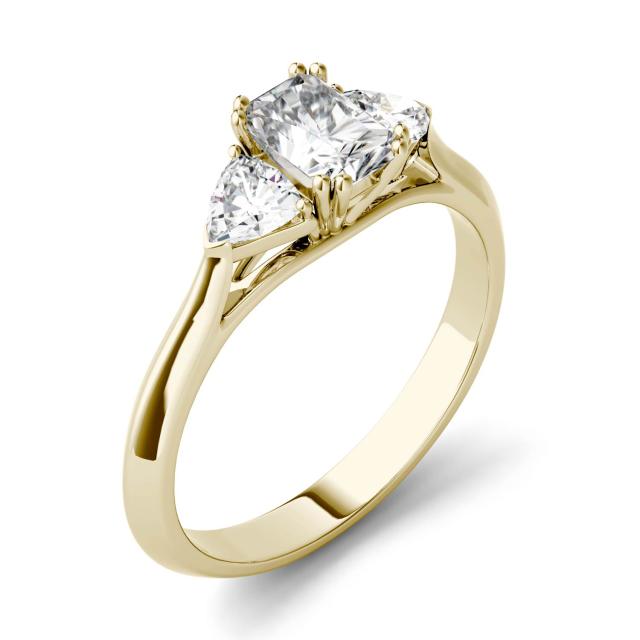 1.10 CTW DEW Radiant Forever One Moissanite Three Stone Engagement Ring in 14K Yellow Gold