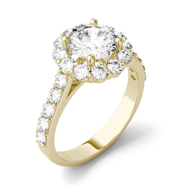 2.60 CTW DEW Round Forever One Moissanite Halo with Side Accents Engagement Ring in 14K Yellow Gold
