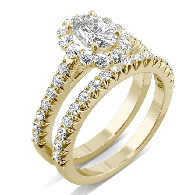 1.88 CTW DEW Oval Forever One Moissanite Halo Bridal Ring in 14K Yellow Gold