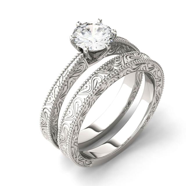 1.00 CTW DEW Round Forever One Moissanite Tapered Six Prong Carved Solitaire Bridal Set Ring in 14K White Gold
