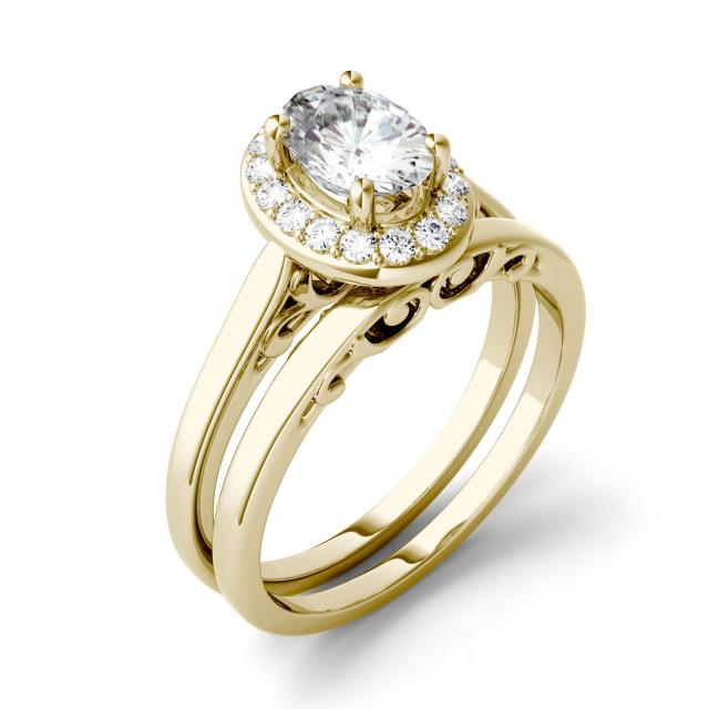 1.06 CTW DEW Oval Forever One Moissanite Halo Bridal Set Ring in 14K Yellow Gold