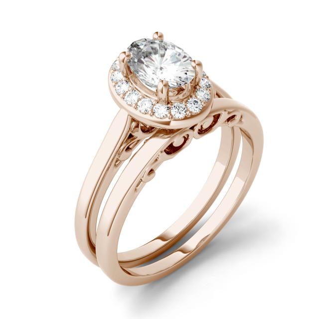 1.06 CTW DEW Oval Forever One Moissanite Halo Bridal Set Ring in 14K Rose Gold