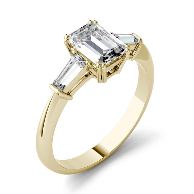 1.38 CTW DEW Emerald Forever One Moissanite Three Stone Engagement Ring in 14K Yellow Gold