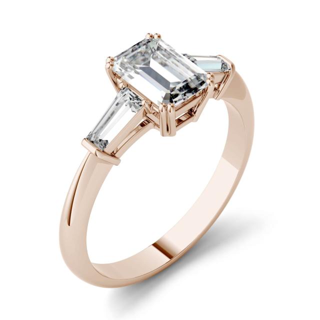 1.38 CTW DEW Emerald Forever One Moissanite Three Stone Engagement Ring in 14K Rose Gold