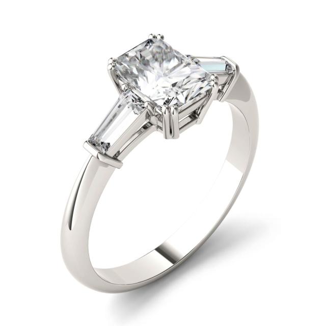 1.57 CTW DEW Radiant Forever One Moissanite Three Stone Engagement Ring in 14K White Gold