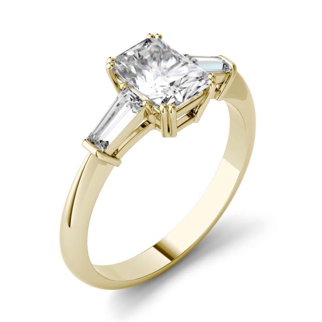 1.57 CTW DEW Radiant Forever One Moissanite Three Stone Engagement Ring in 14K Yellow Gold