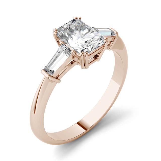 1.57 CTW DEW Radiant Forever One Moissanite Three Stone Engagement Ring in 14K Rose Gold