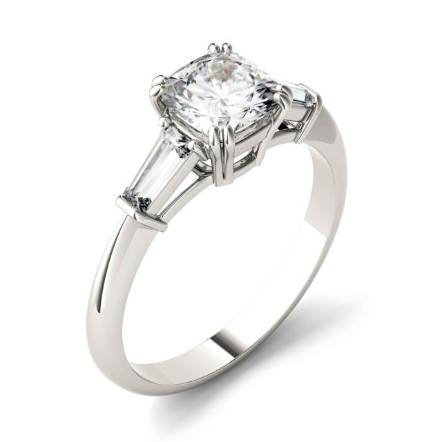 1.38 CTW DEW Cushion Forever One Moissanite Three Stone Engagement Ring in Platinum
